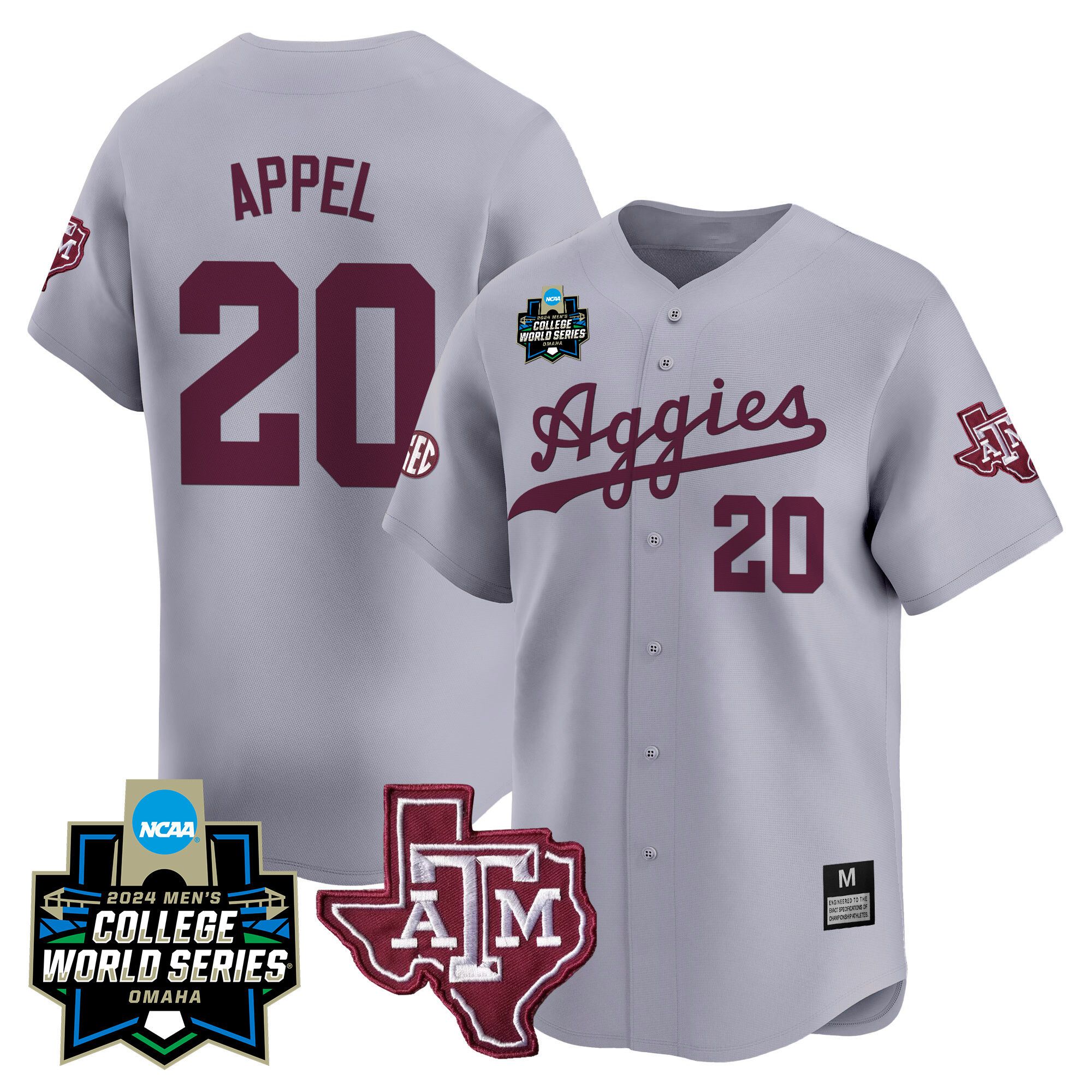 Men Texas A&M Aggies #20 Appel Grey 2024 College World Series Vapor Premier Limited NCAA Jersey